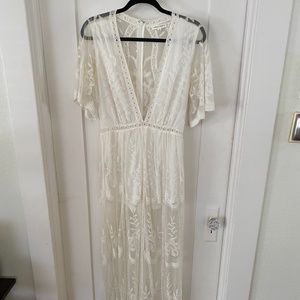 White lacey, floral romper, maxi length